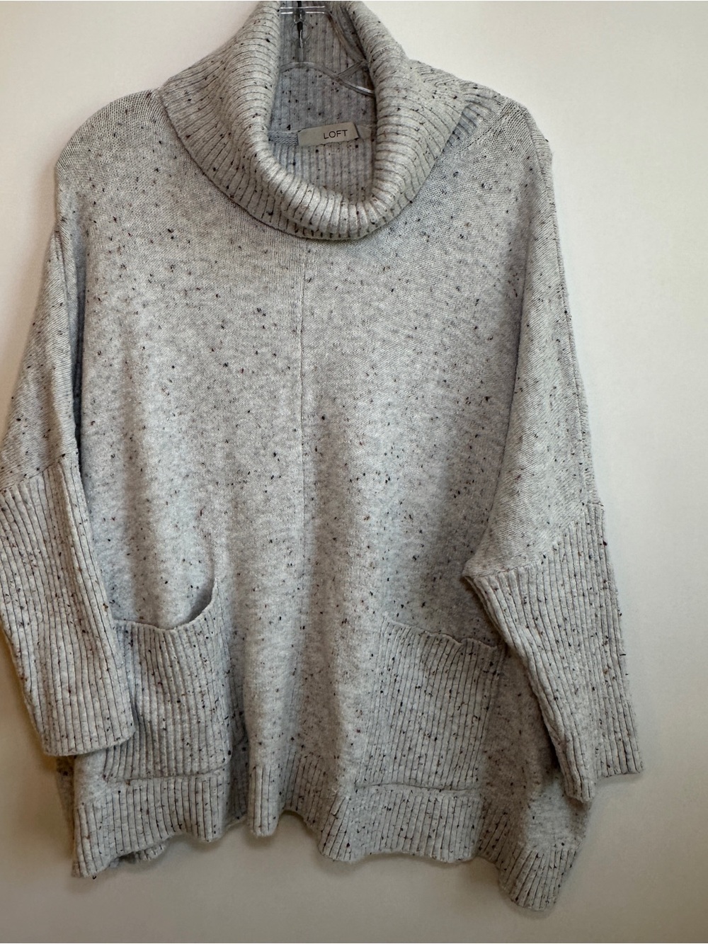 LOFT Light Gray Speckled Cowl Neck Pocket Sweater
